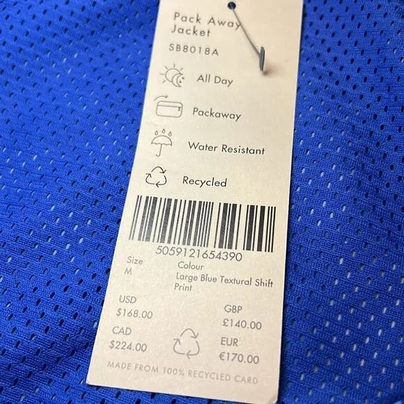 NWT $168 Sweaty Betty Pack Away Jacket Blue S M Small Medium Hiking Camping NEW