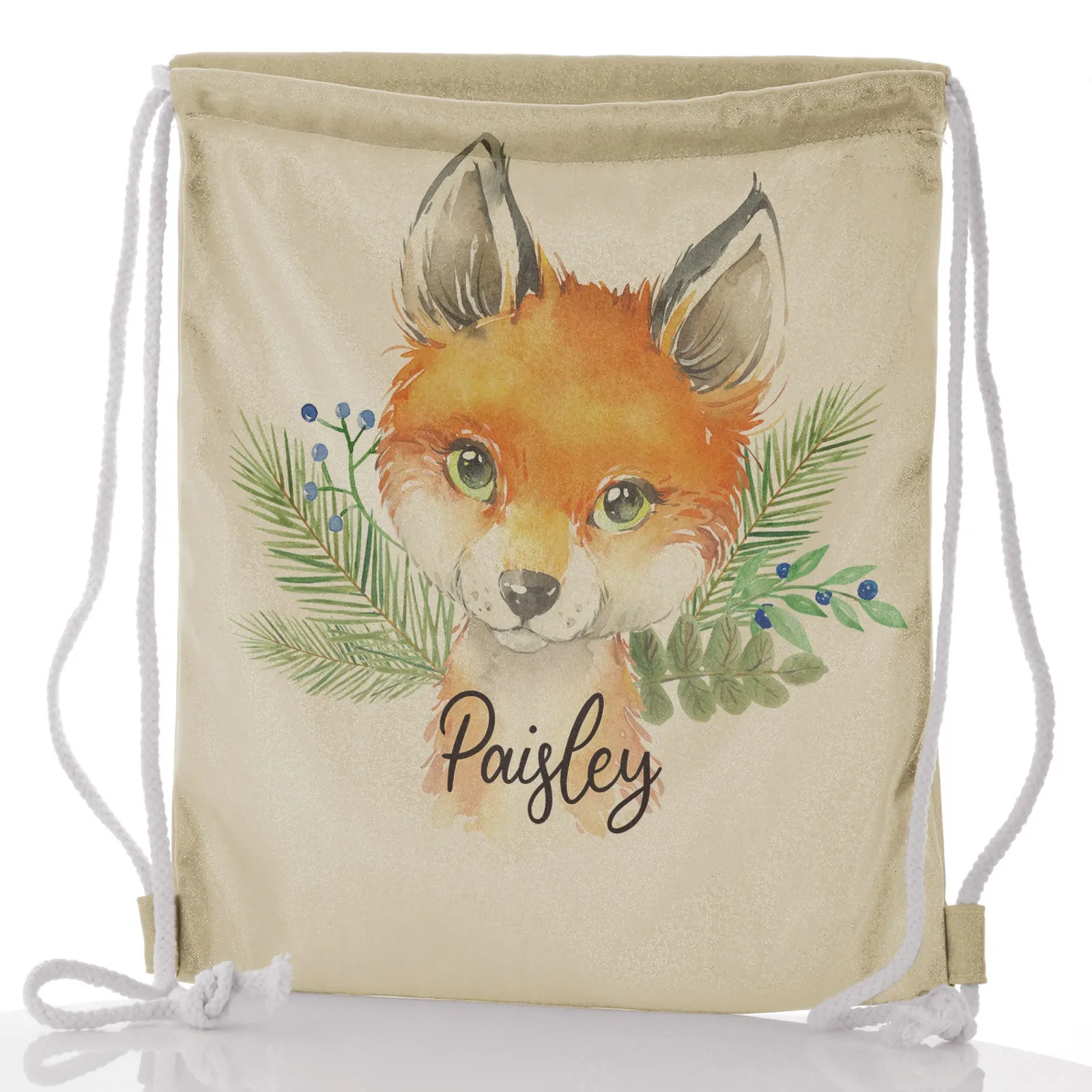 Personalised Glitter Drawstring Backpack with Red Fox Blue Berries and Cute Text