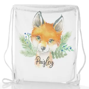 Personalised Glitter Drawstring Backpack with Red Fox Blue Berries and Cute Text