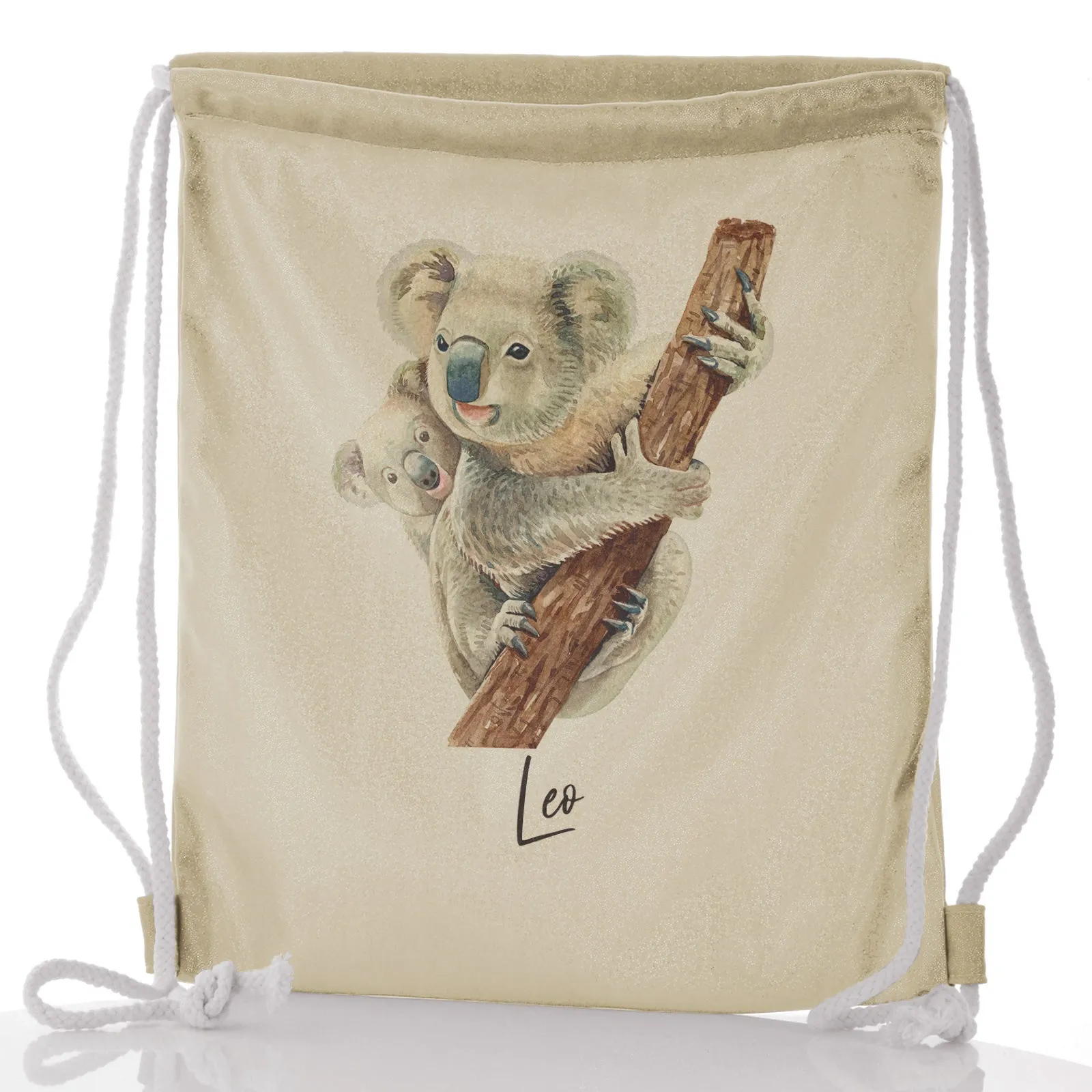 Personalised Glitter Drawstring Backpack with Welcoming Text and Climbing Mum and Baby Koalas