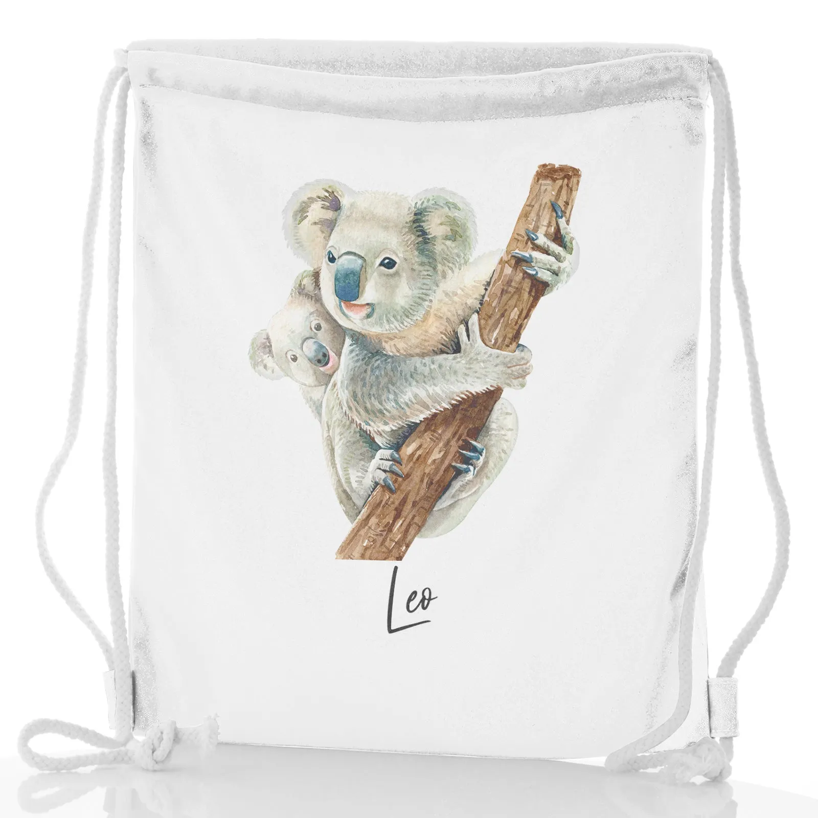Personalised Glitter Drawstring Backpack with Welcoming Text and Climbing Mum and Baby Koalas