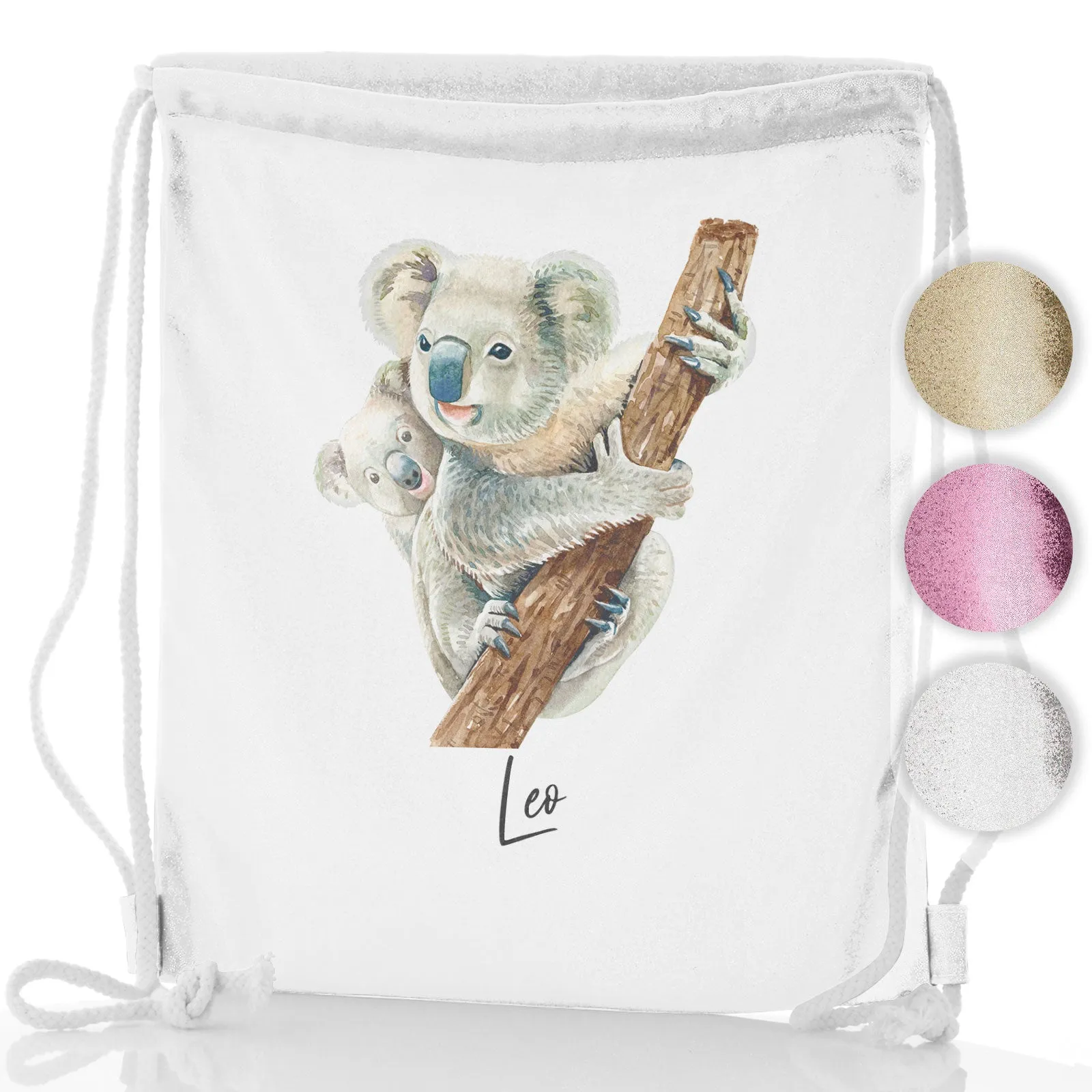 Personalised Glitter Drawstring Backpack with Welcoming Text and Climbing Mum and Baby Koalas