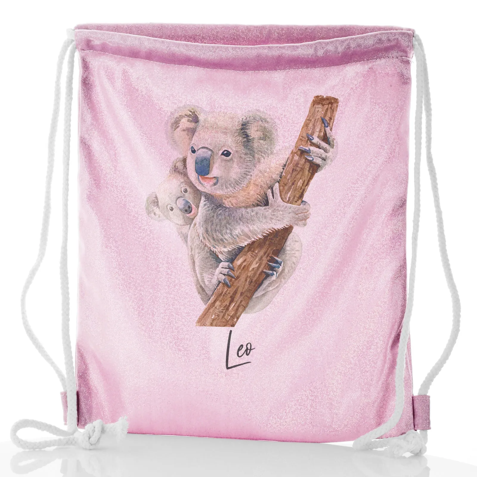 Personalised Glitter Drawstring Backpack with Welcoming Text and Climbing Mum and Baby Koalas