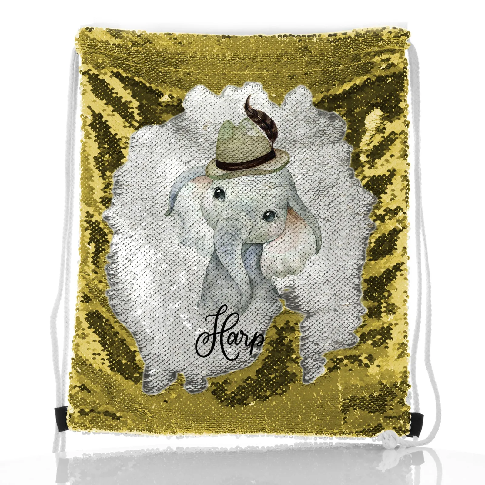 Personalised Sequin Drawstring Backpack with Grey Elephant Feather Hat and Cute Text