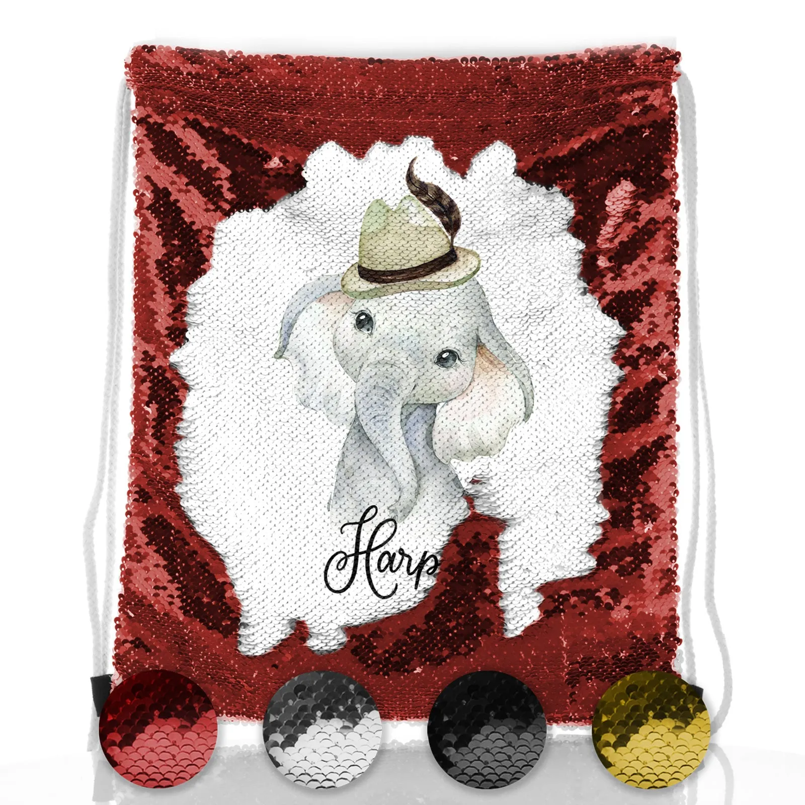Personalised Sequin Drawstring Backpack with Grey Elephant Feather Hat and Cute Text