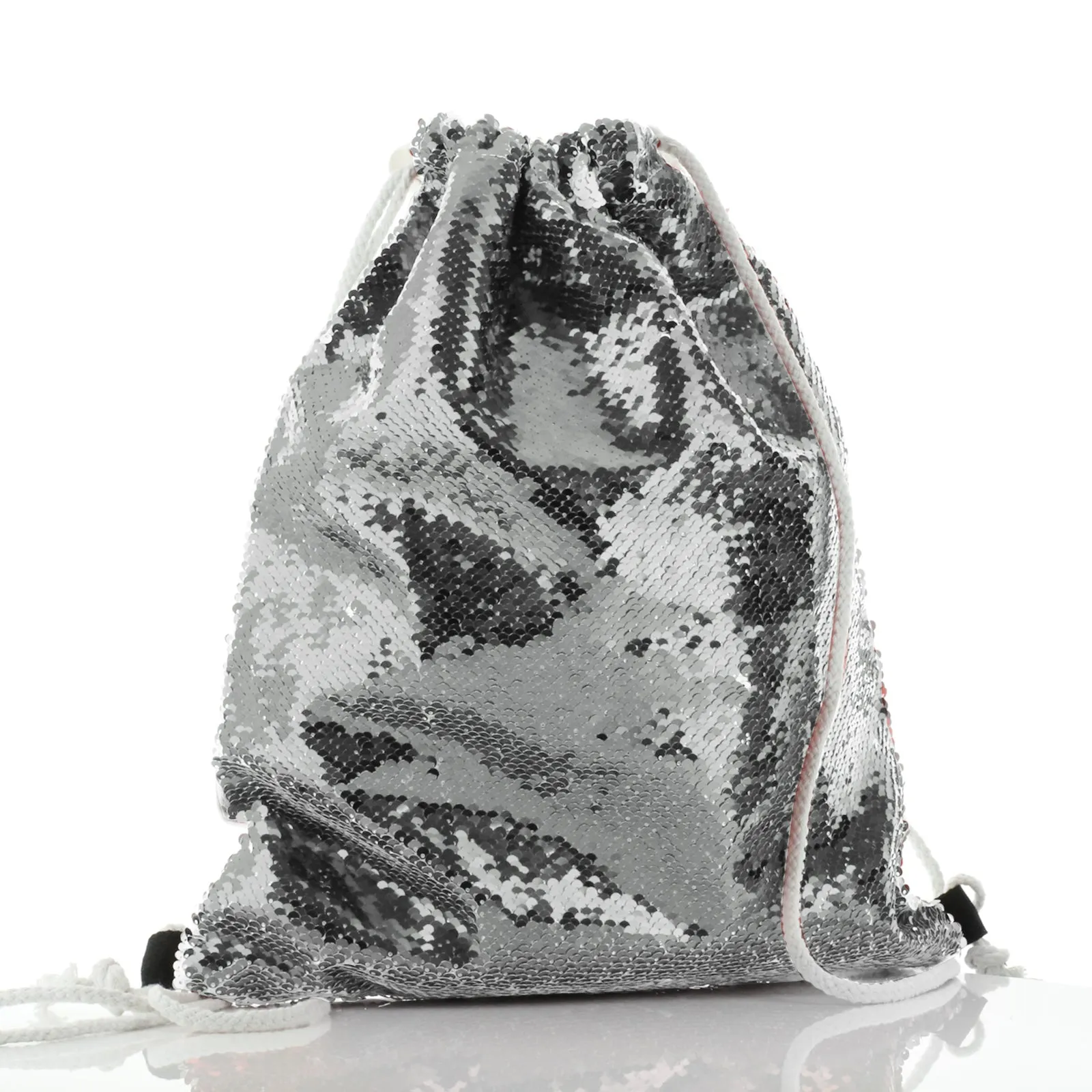 Personalised Sequin Drawstring Backpack with Grey Elephant Feather Hat and Cute Text