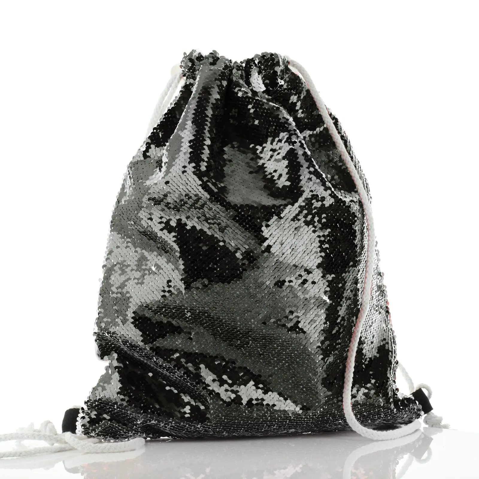 Personalised Sequin Drawstring Backpack with Grey Elephant Feather Hat and Cute Text