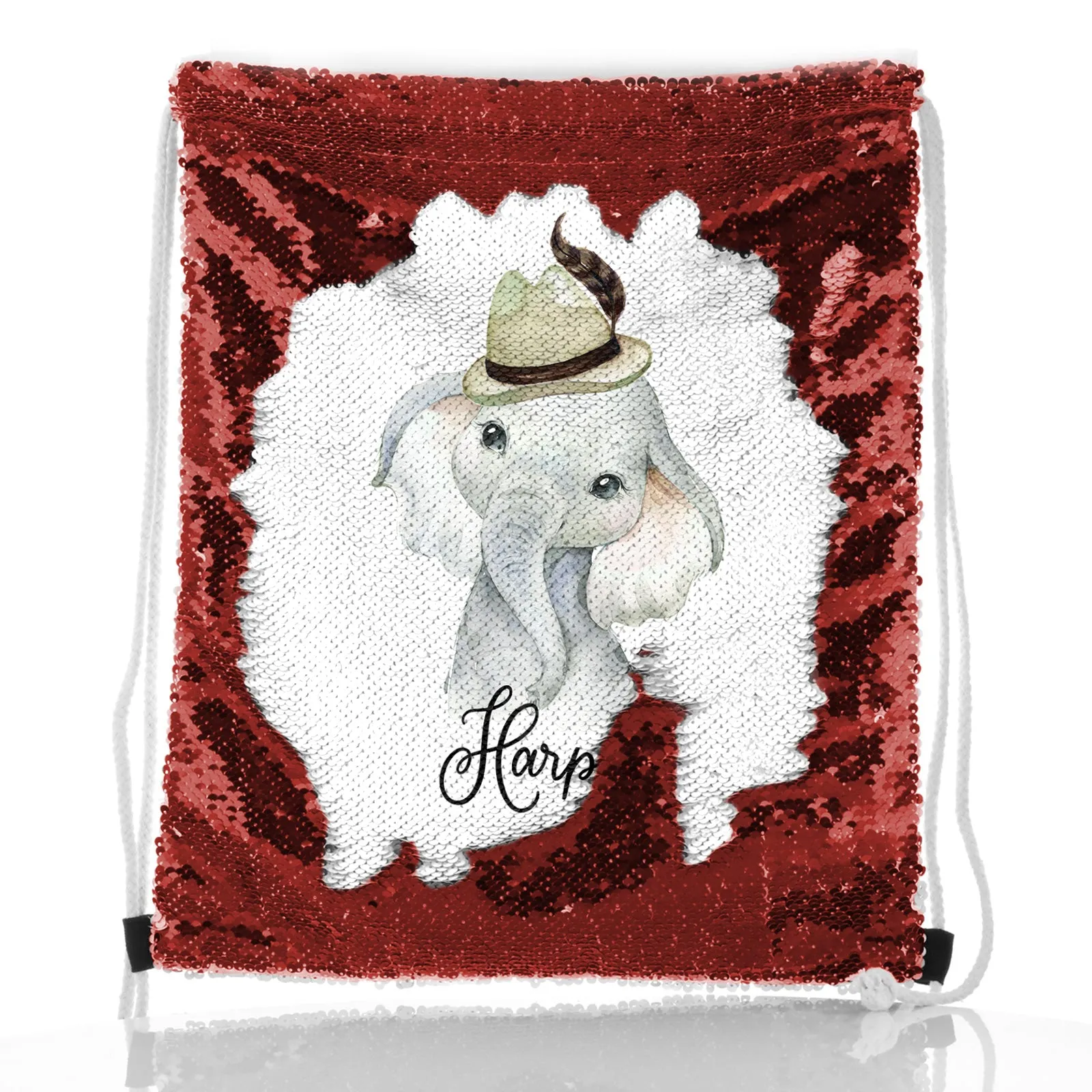 Personalised Sequin Drawstring Backpack with Grey Elephant Feather Hat and Cute Text