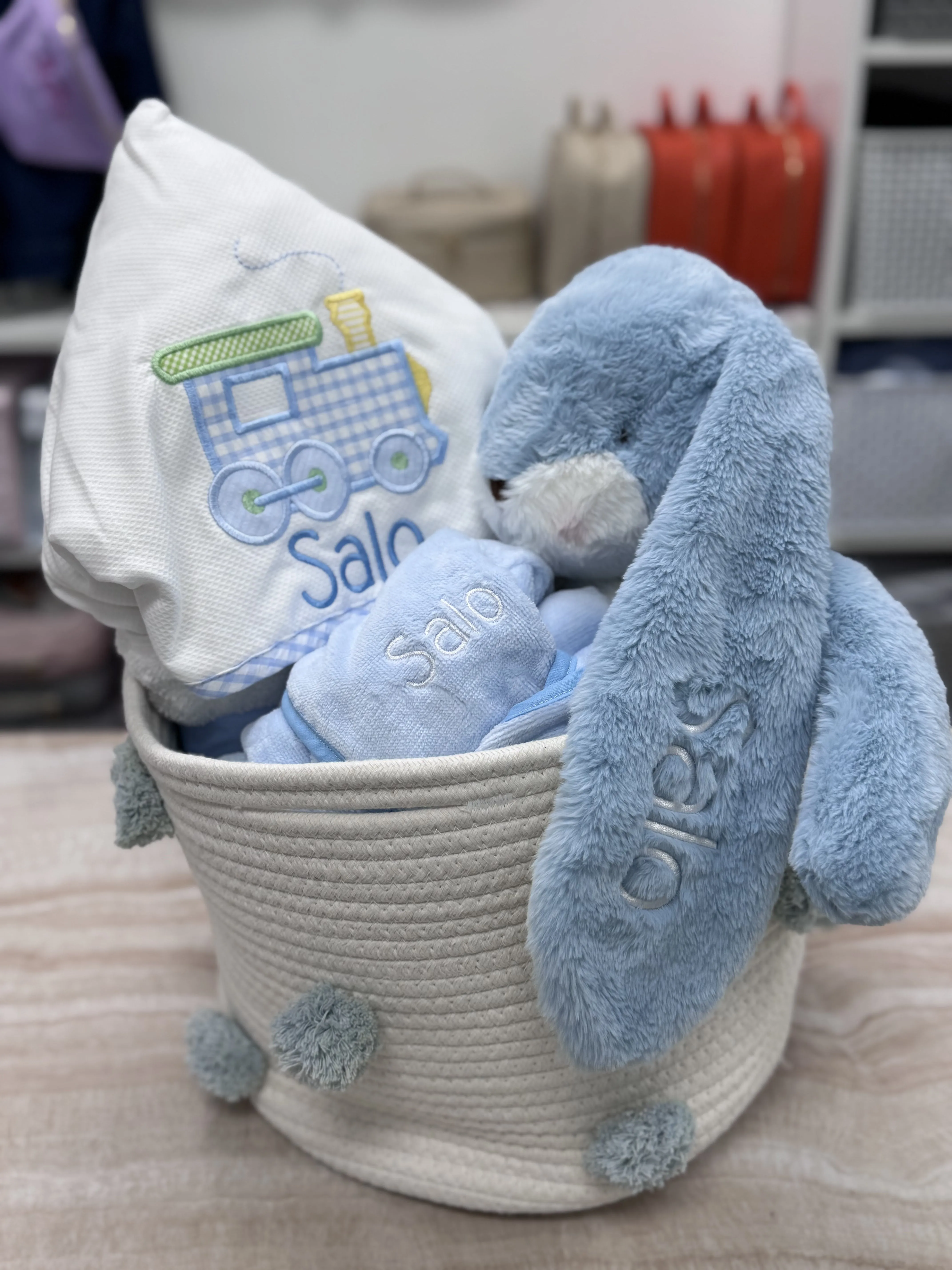 Personalized Baby Boy Blue Pastel Train Hooded Towel