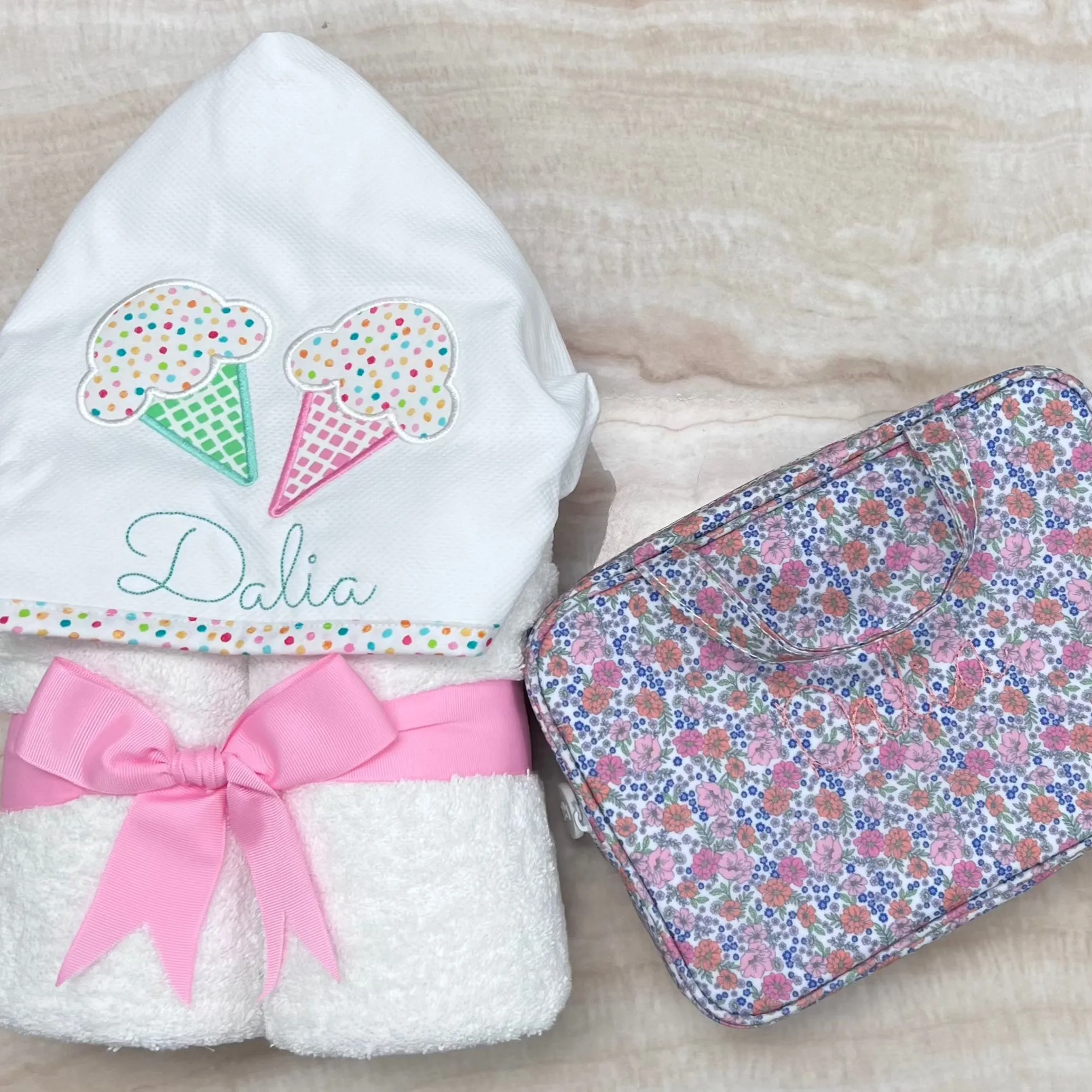 Personalized Baby Girl Pink Ice Cream Hooded Towel