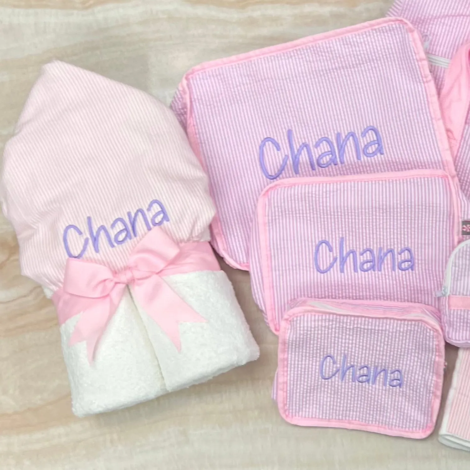 Personalized Baby Girl  Pink Seersucker Stripe Hooded Towel