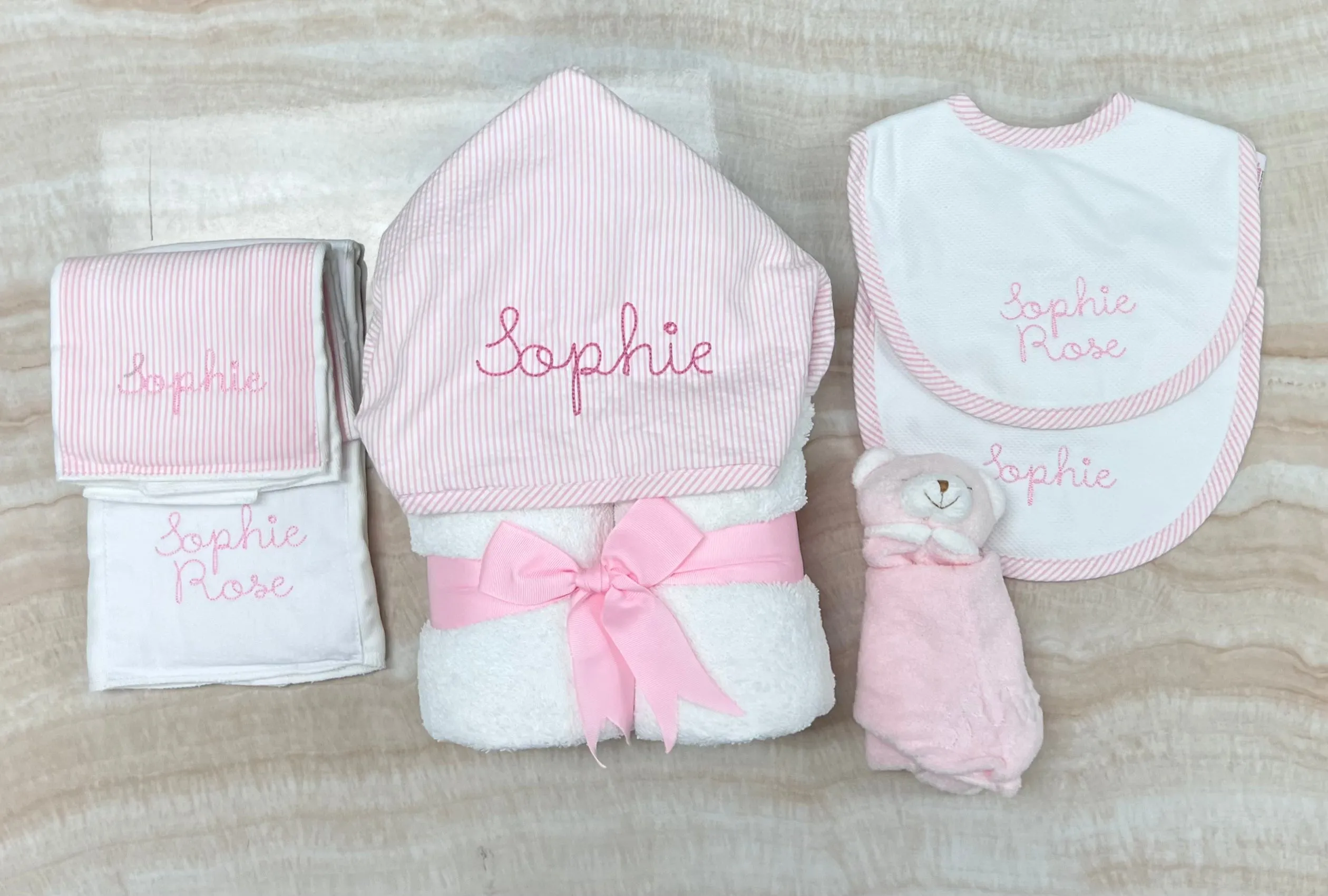 Personalized Baby Girl  Pink Seersucker Stripe Hooded Towel