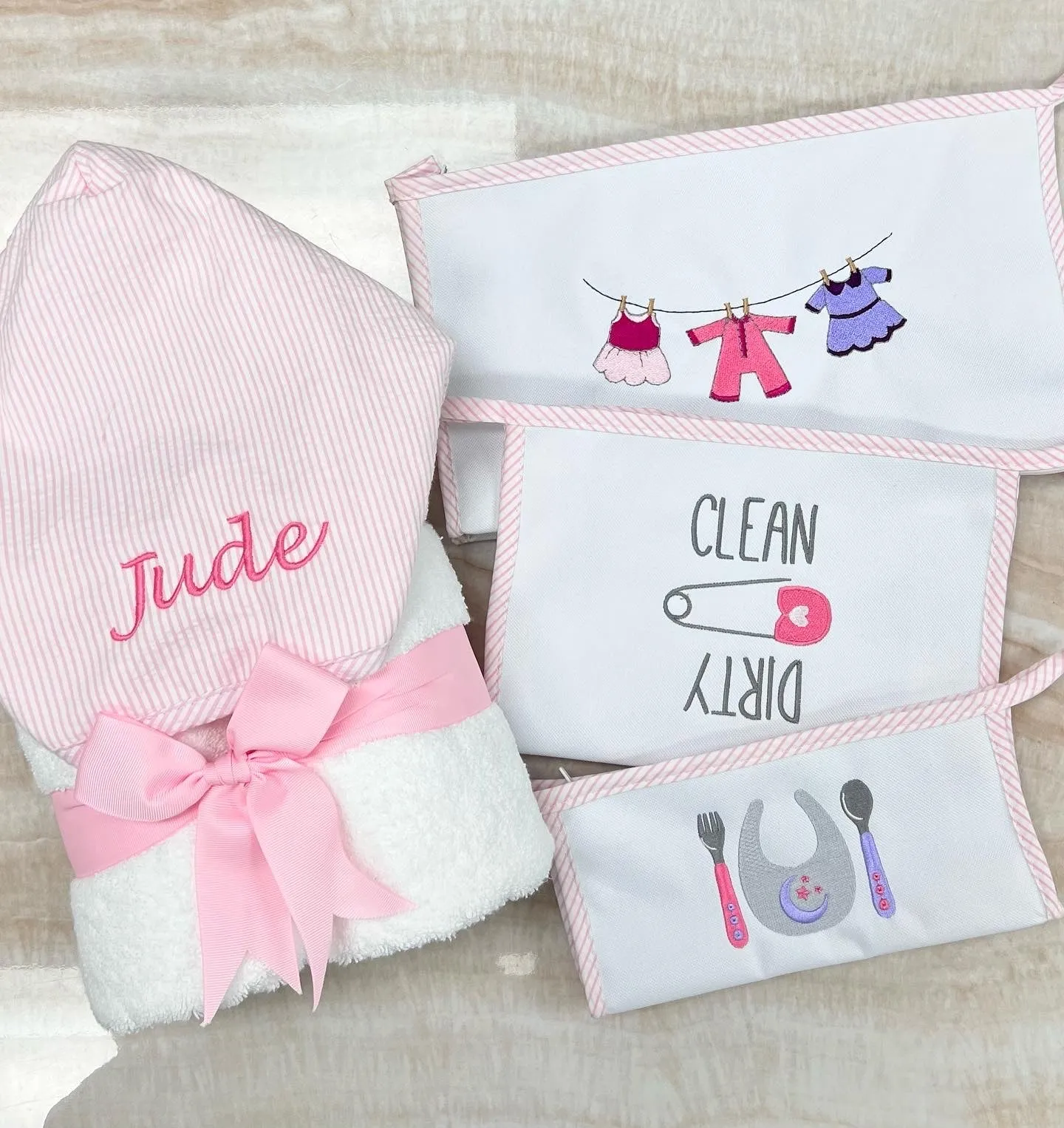 Personalized Baby Girl  Pink Seersucker Stripe Hooded Towel