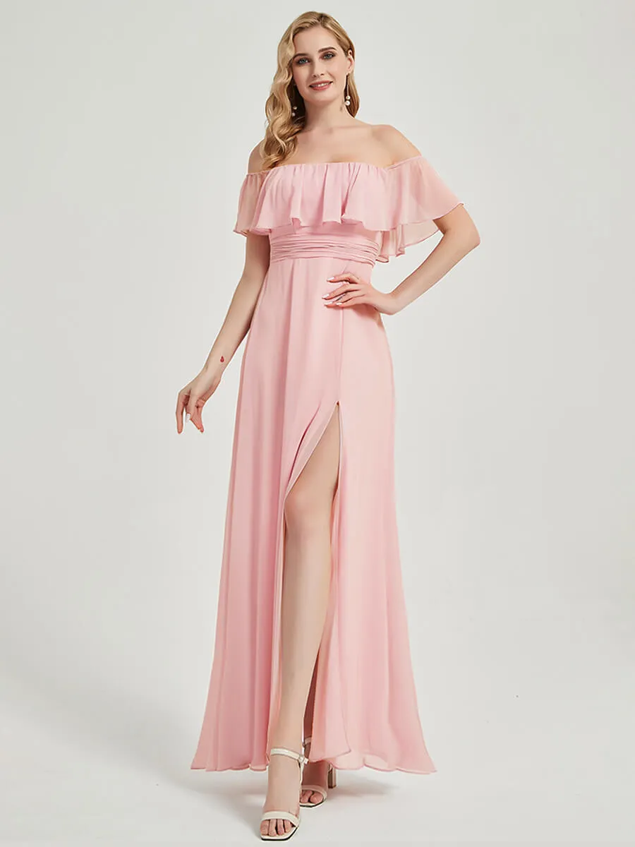 Pink Convertible Ruffle Sleeve Chiffon Maxi Bridesmaid Dress With Slit
