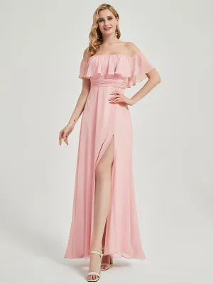 Pink Convertible Ruffle Sleeve Chiffon Maxi Bridesmaid Dress With Slit