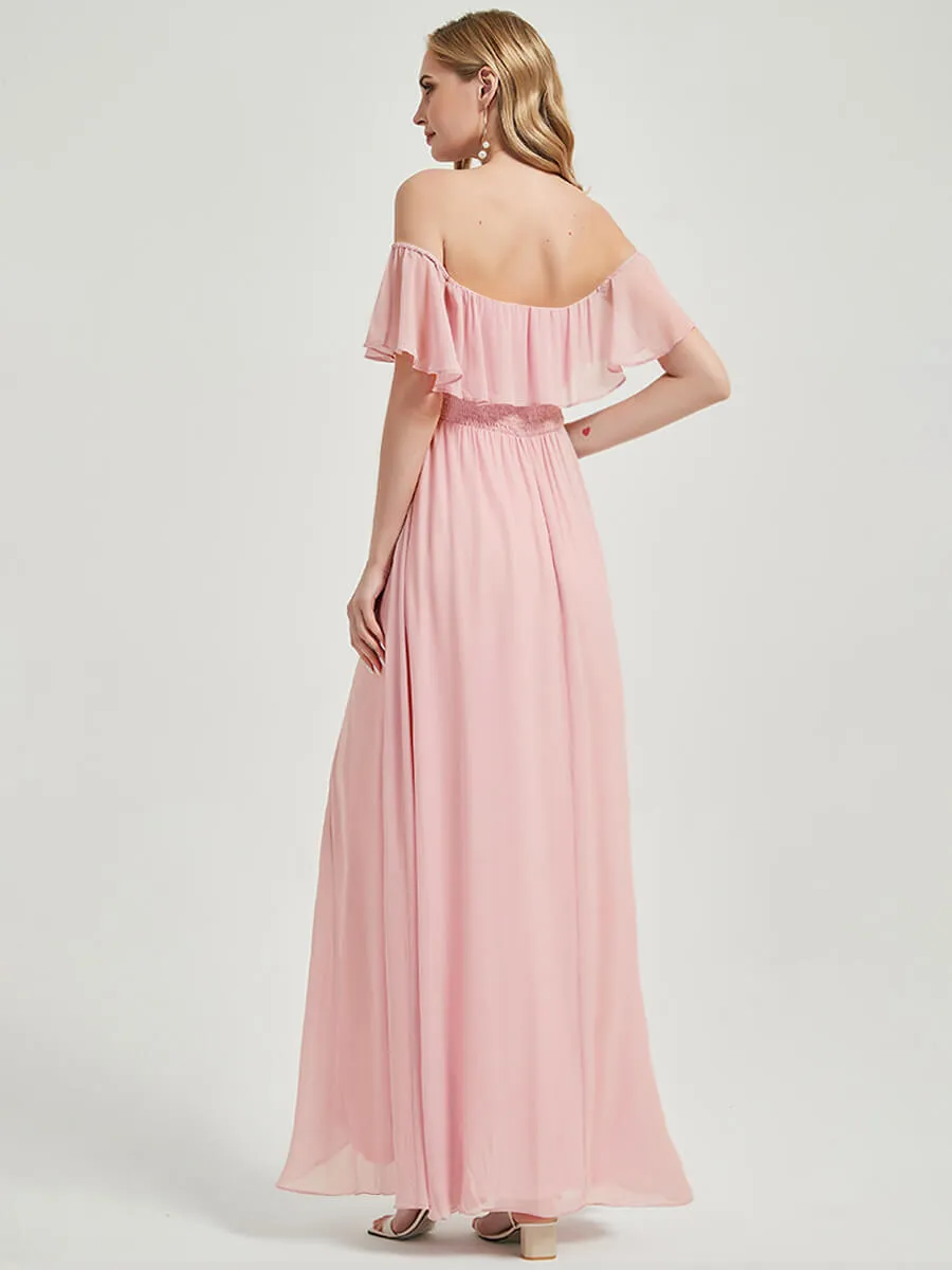 Pink Convertible Ruffle Sleeve Chiffon Maxi Bridesmaid Dress With Slit