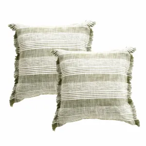 Renee Taylor Kent Stripe Stone washed Yarn-dyed Cushion Twin Pack 50 x 50 Cms Feather Filled Eucalyptus