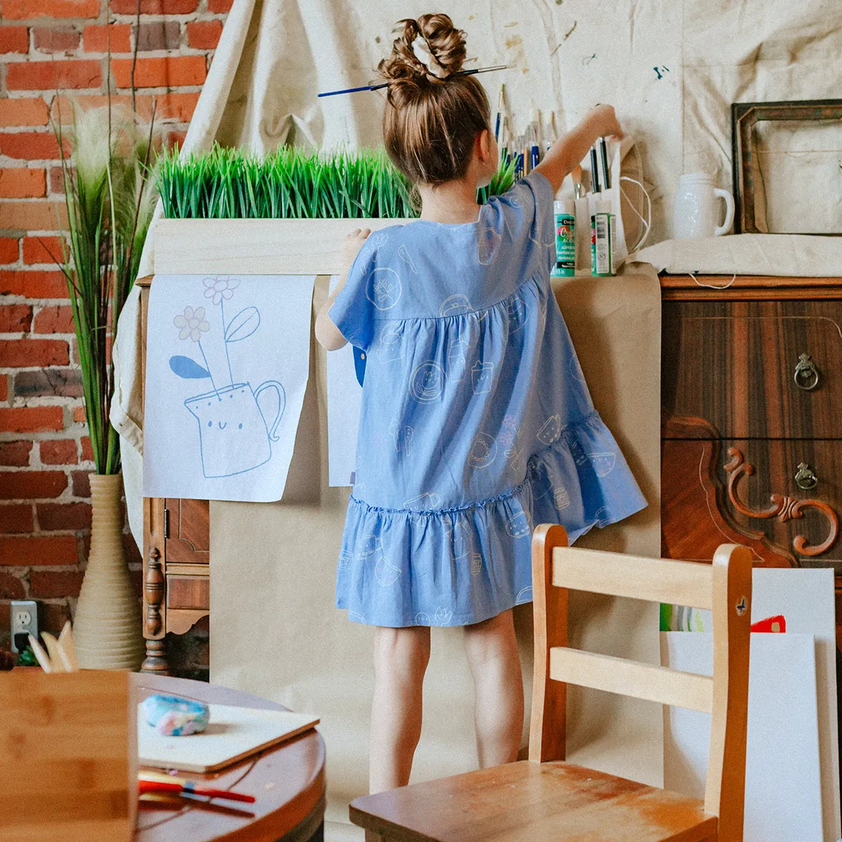 Robe bleue lavande à motifs en coton extensible, enfant || Lavender blue patterned dress in stretch cotton, child