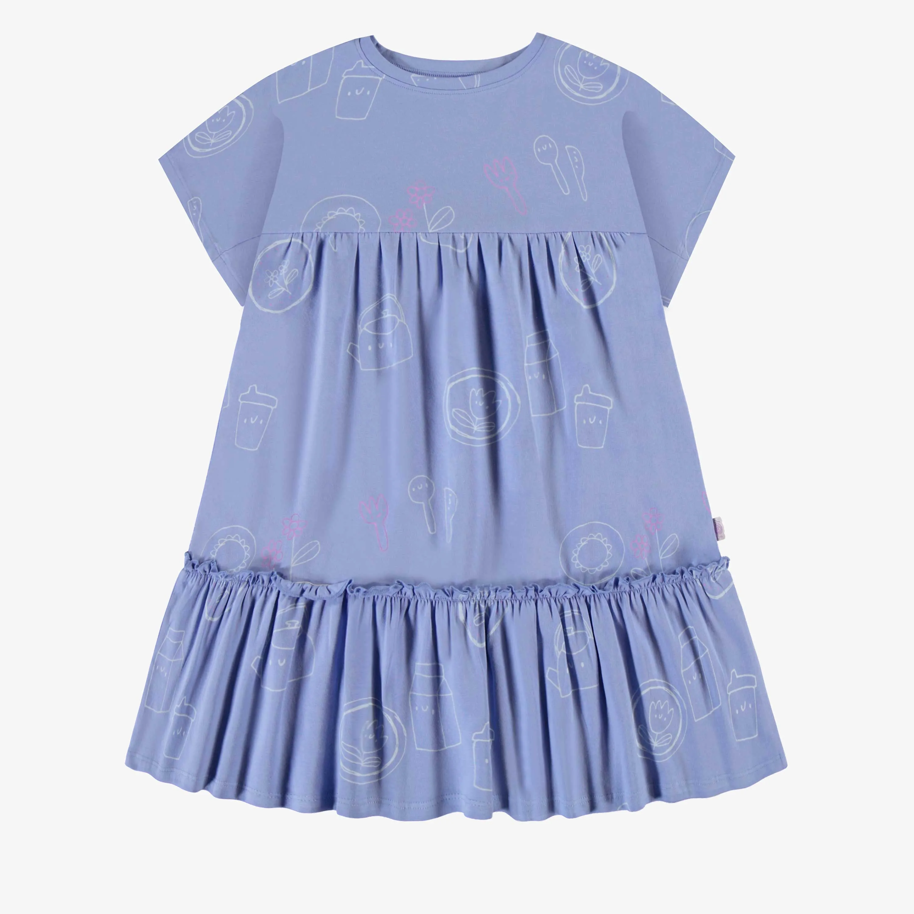 Robe bleue lavande à motifs en coton extensible, enfant || Lavender blue patterned dress in stretch cotton, child