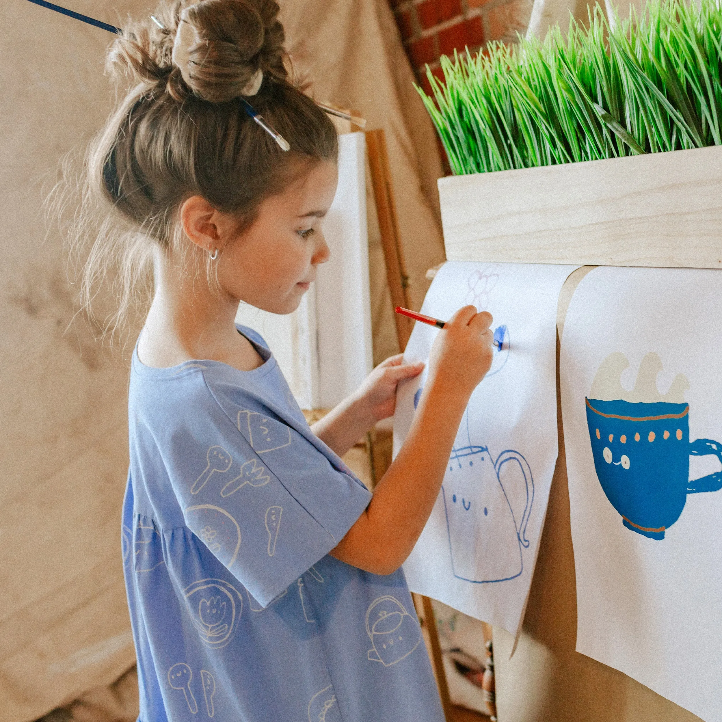 Robe bleue lavande à motifs en coton extensible, enfant || Lavender blue patterned dress in stretch cotton, child