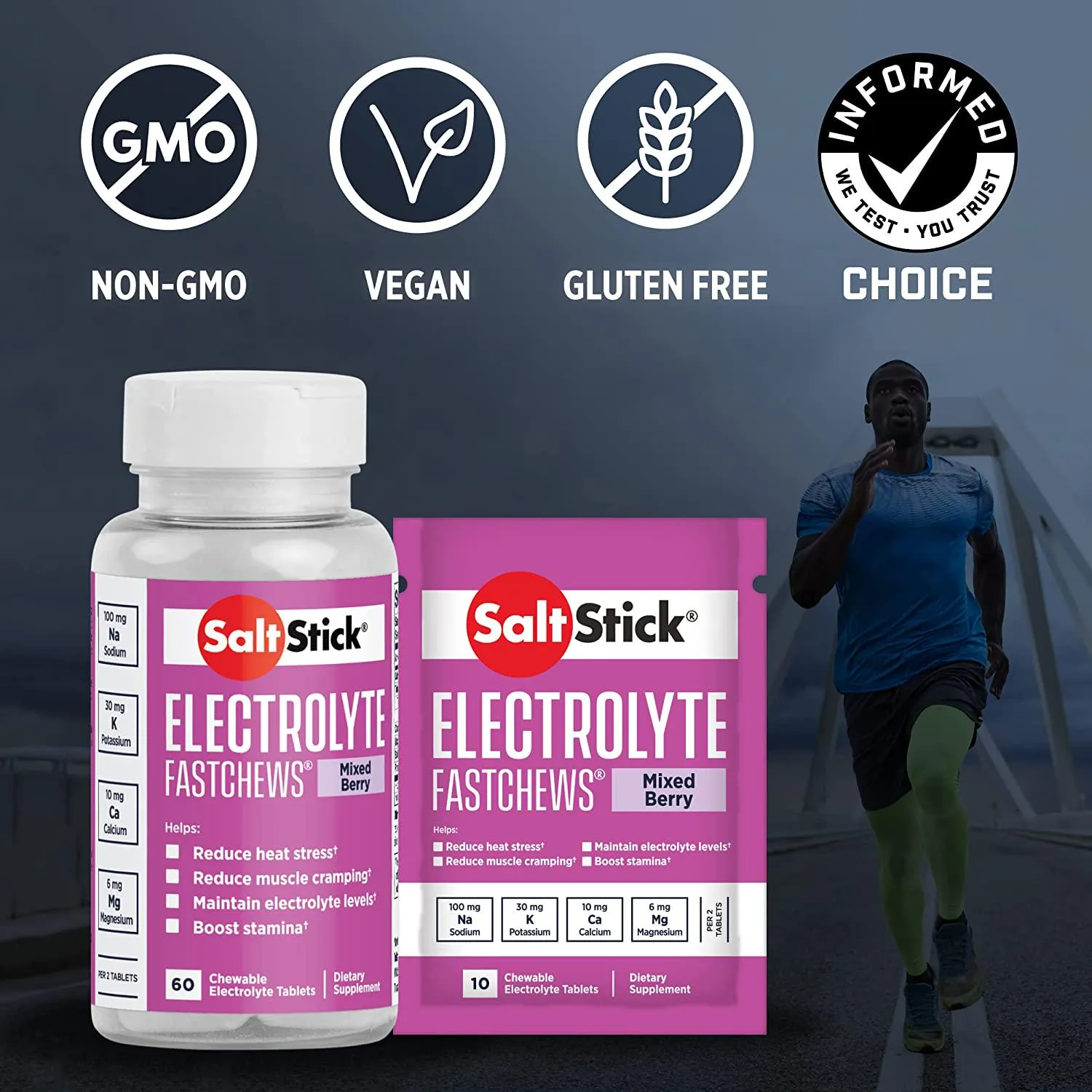 SaltStick FastChews, Electrolyte Replacement Tablets for Rehydration, Exercise, Hiking and Sports Recovery, 12 Packets of 10 FastChews Tablets, Mixed Berry