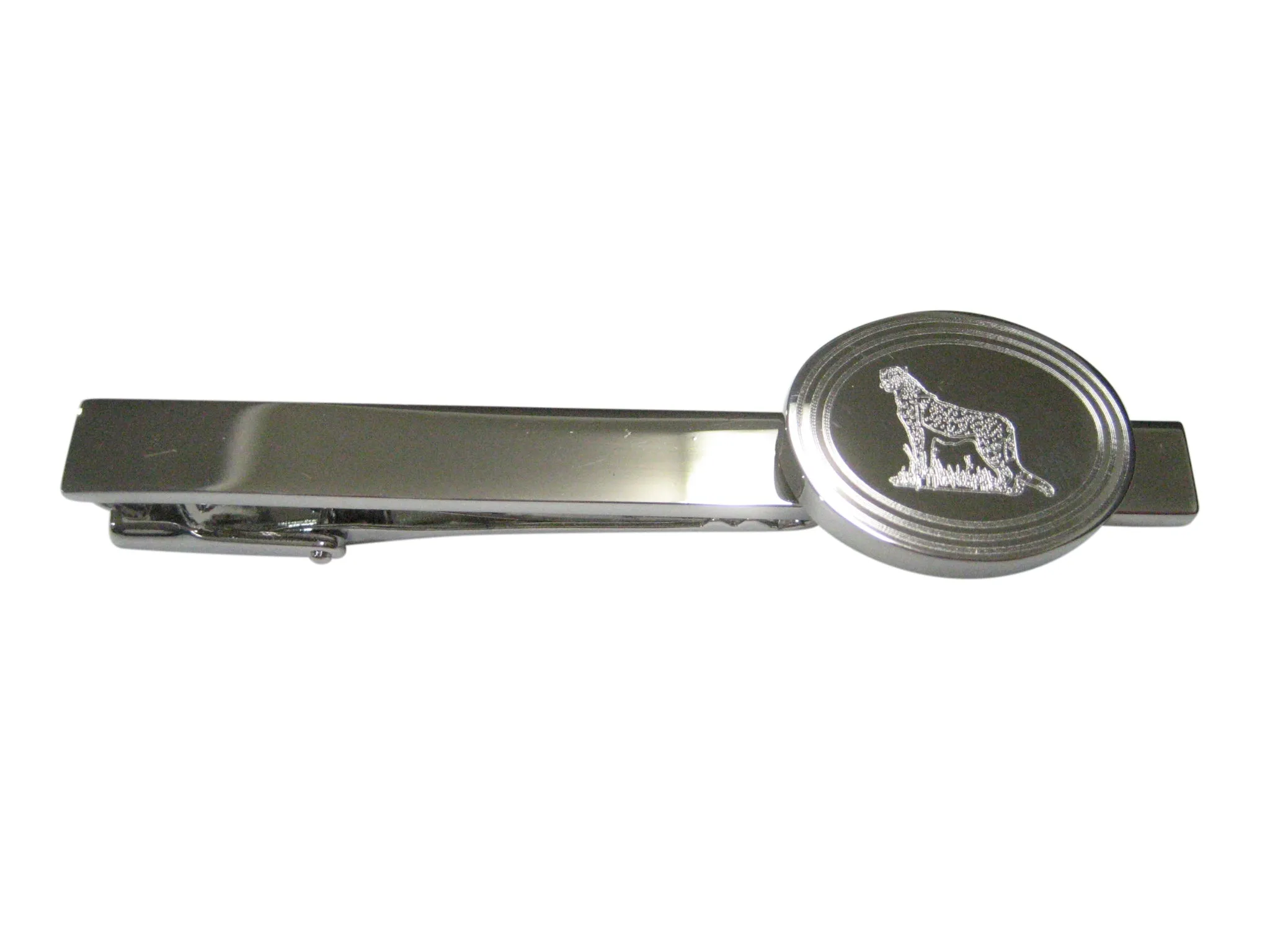 Silver Toned Etched Oval Cheetah Tie Clip
