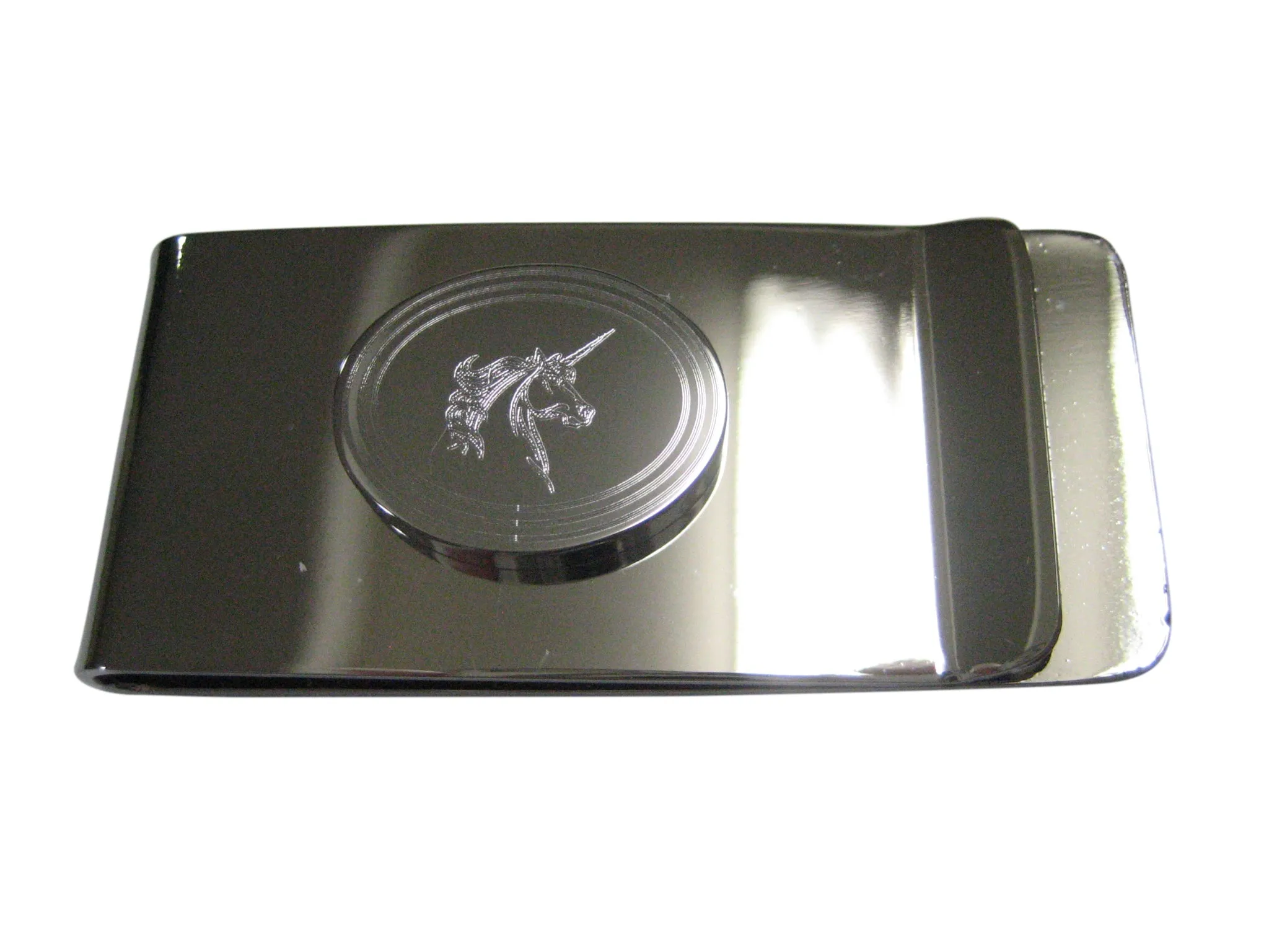Silver Toned Etched Oval Unicorn Head Money Clip