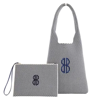 Sutton City Tote - Navy Diamond Monogram / Detachable Metal Chain - Medium