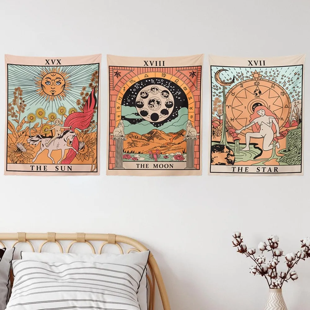 Tarot Flag Tapestry - The Sun, The Moon and The Star - Bohemian Cotton Printed Hand Made Wall Hanging Tapestries ,Pack of 3