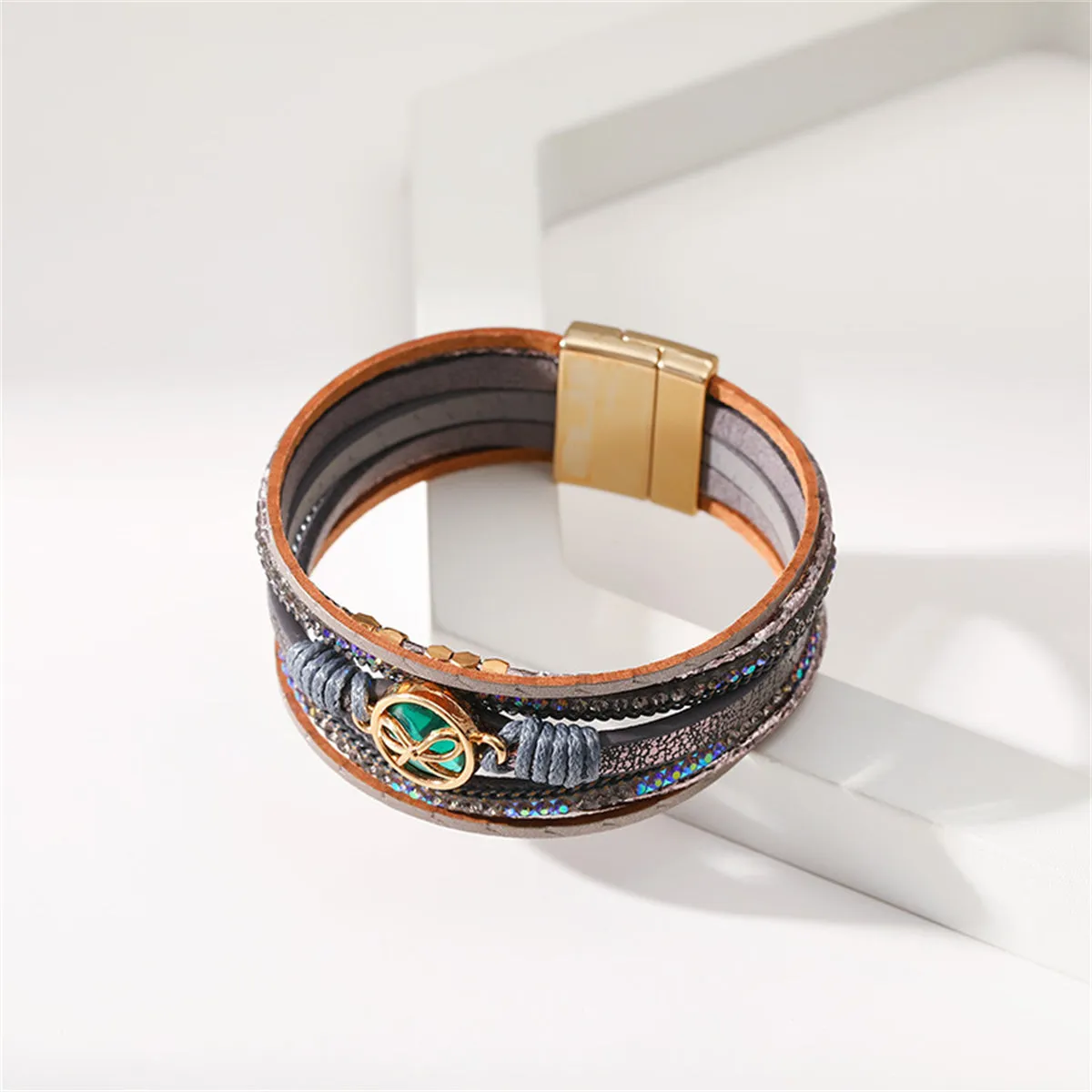 Teal Polystyrene & Cubic Zirconia 18K Gold-Plated Bow Layered Bracelet