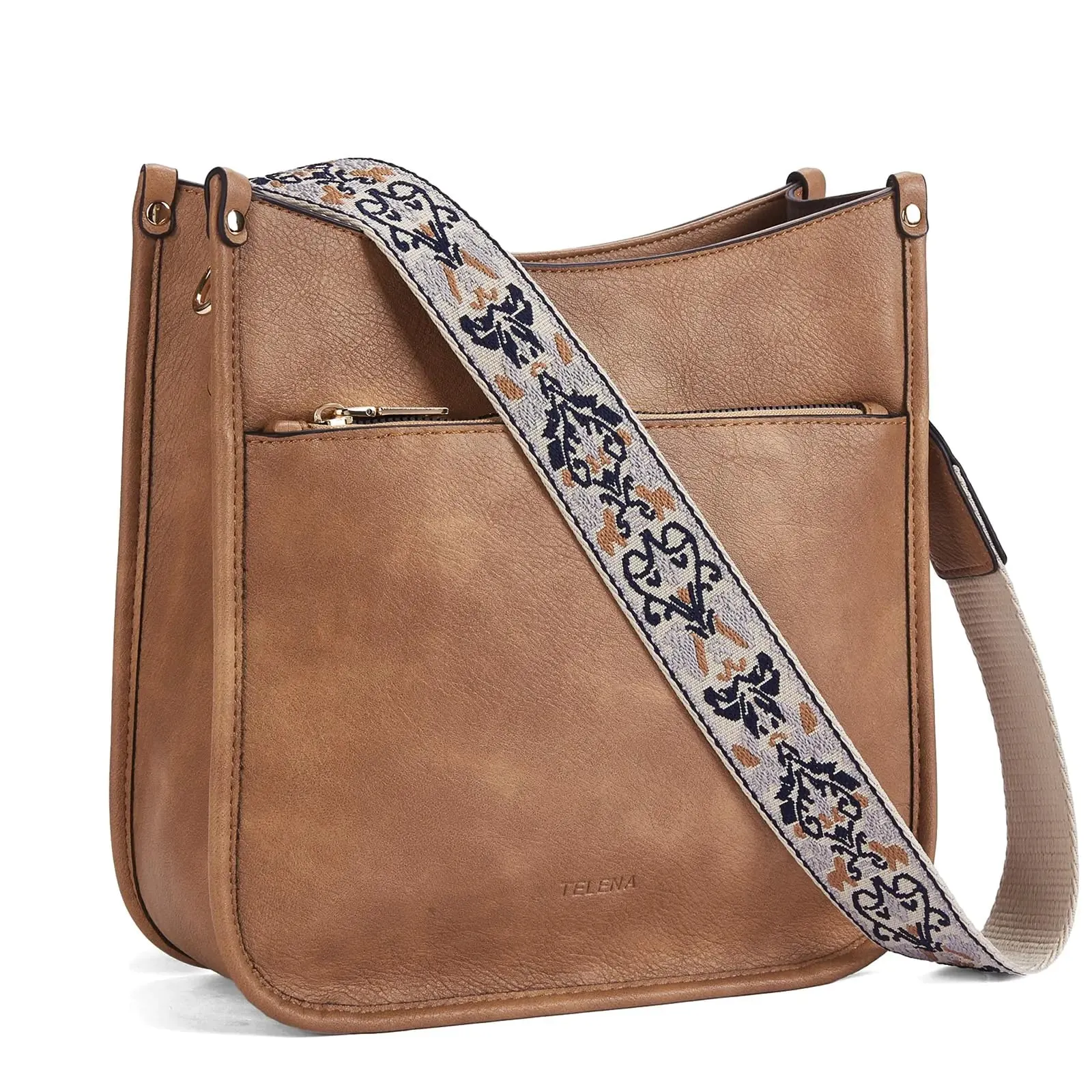Telena Crossbody Purses for Women Trendy Vegan Leather Purses for Women Bucket Hobo Bags Handbags with Adjustable Guitar Strap Camel Brown