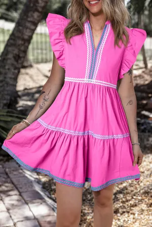 Tiered Mini Dress with Ric Rac Trim and Flutter Sleeves
