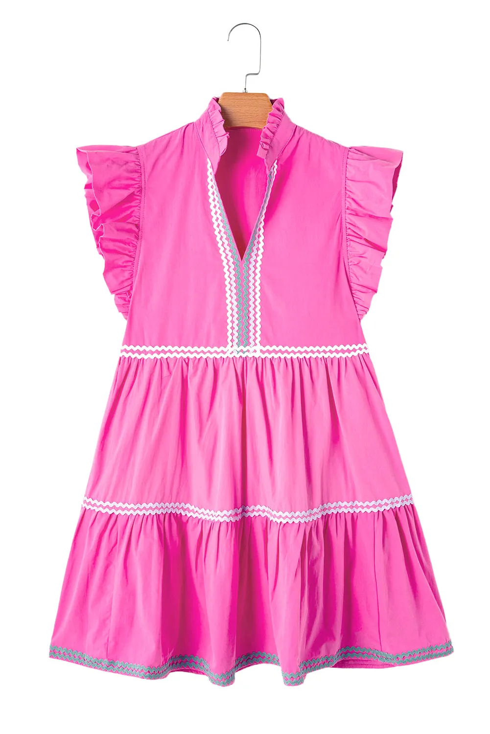 Tiered Mini Dress with Ric Rac Trim and Flutter Sleeves