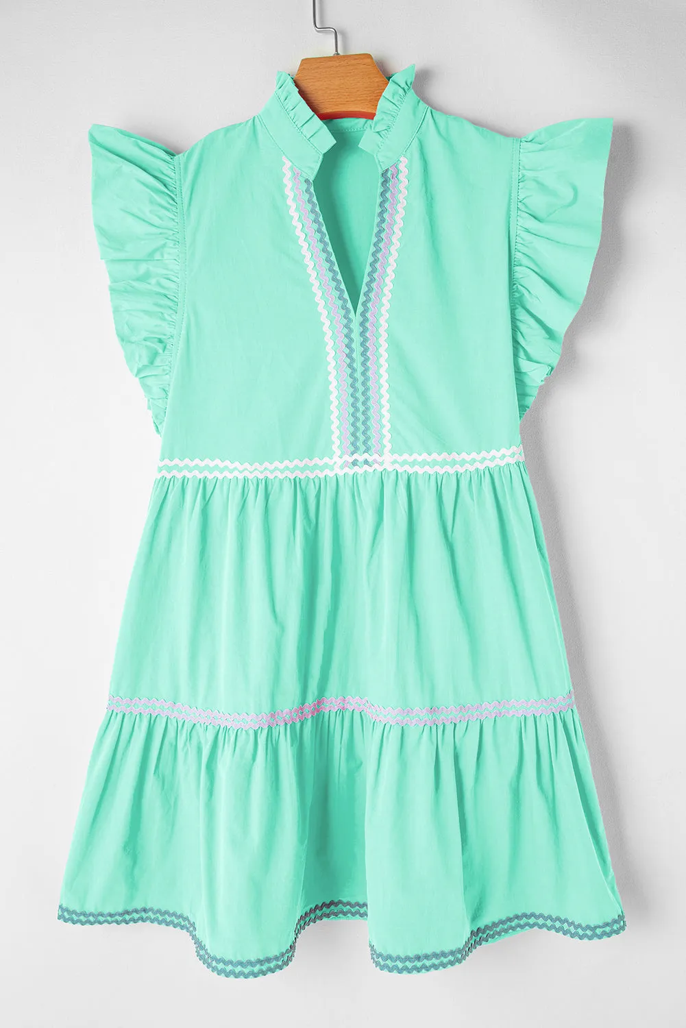 Tiered Mini Dress with Ric Rac Trim and Flutter Sleeves