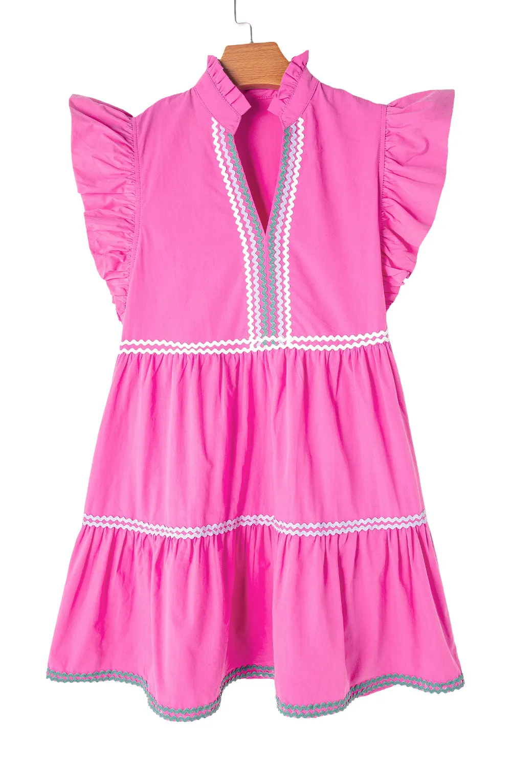 Tiered Mini Dress with Ric Rac Trim and Flutter Sleeves
