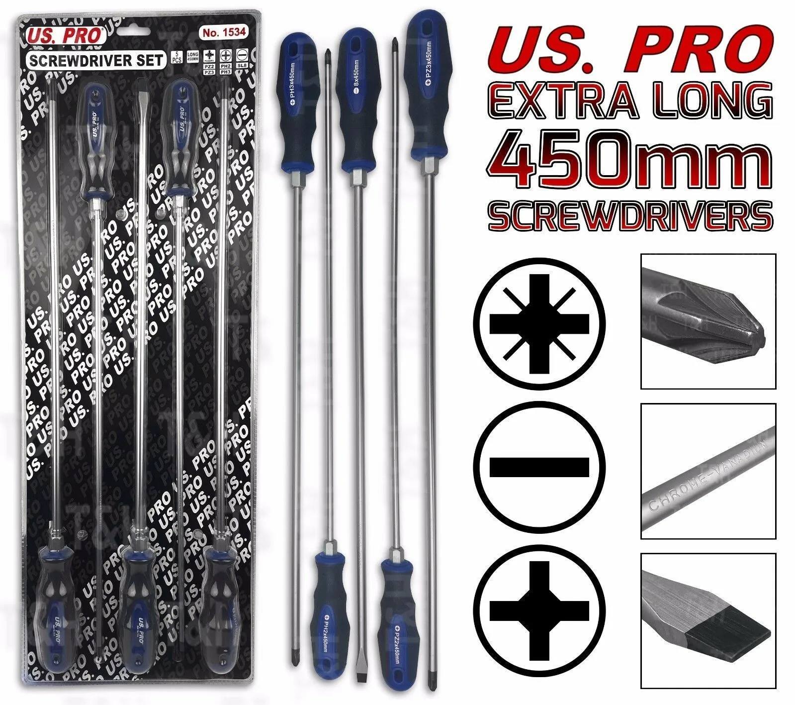 US PRO 5PCS EXTRA LONG MAGNETIC SCREWDRIVER SET ( SLOTTED - PHILLIPS - POZIDRIVE )