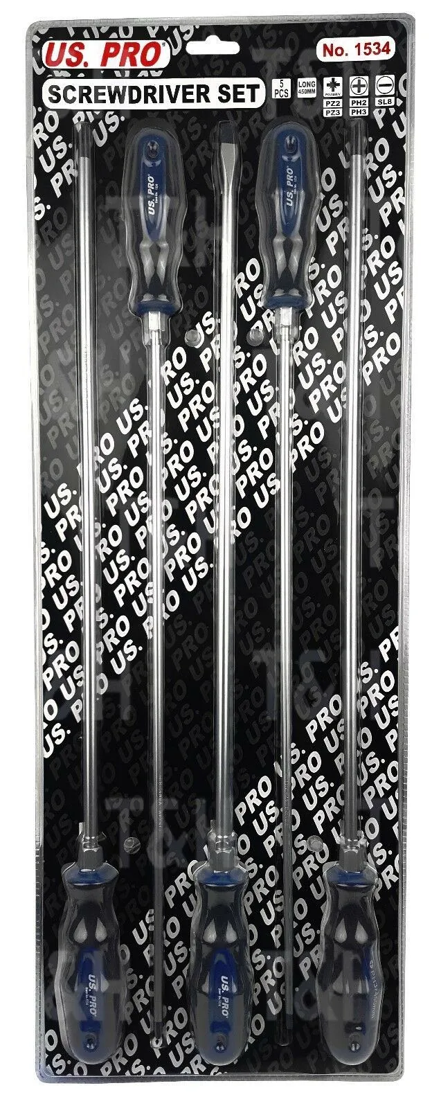 US PRO 5PCS EXTRA LONG MAGNETIC SCREWDRIVER SET ( SLOTTED - PHILLIPS - POZIDRIVE )
