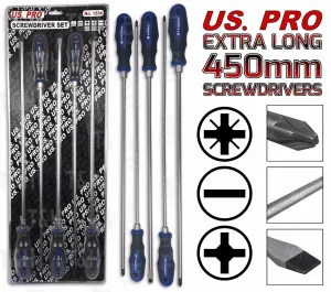 US PRO 5PCS EXTRA LONG MAGNETIC SCREWDRIVER SET ( SLOTTED - PHILLIPS - POZIDRIVE )