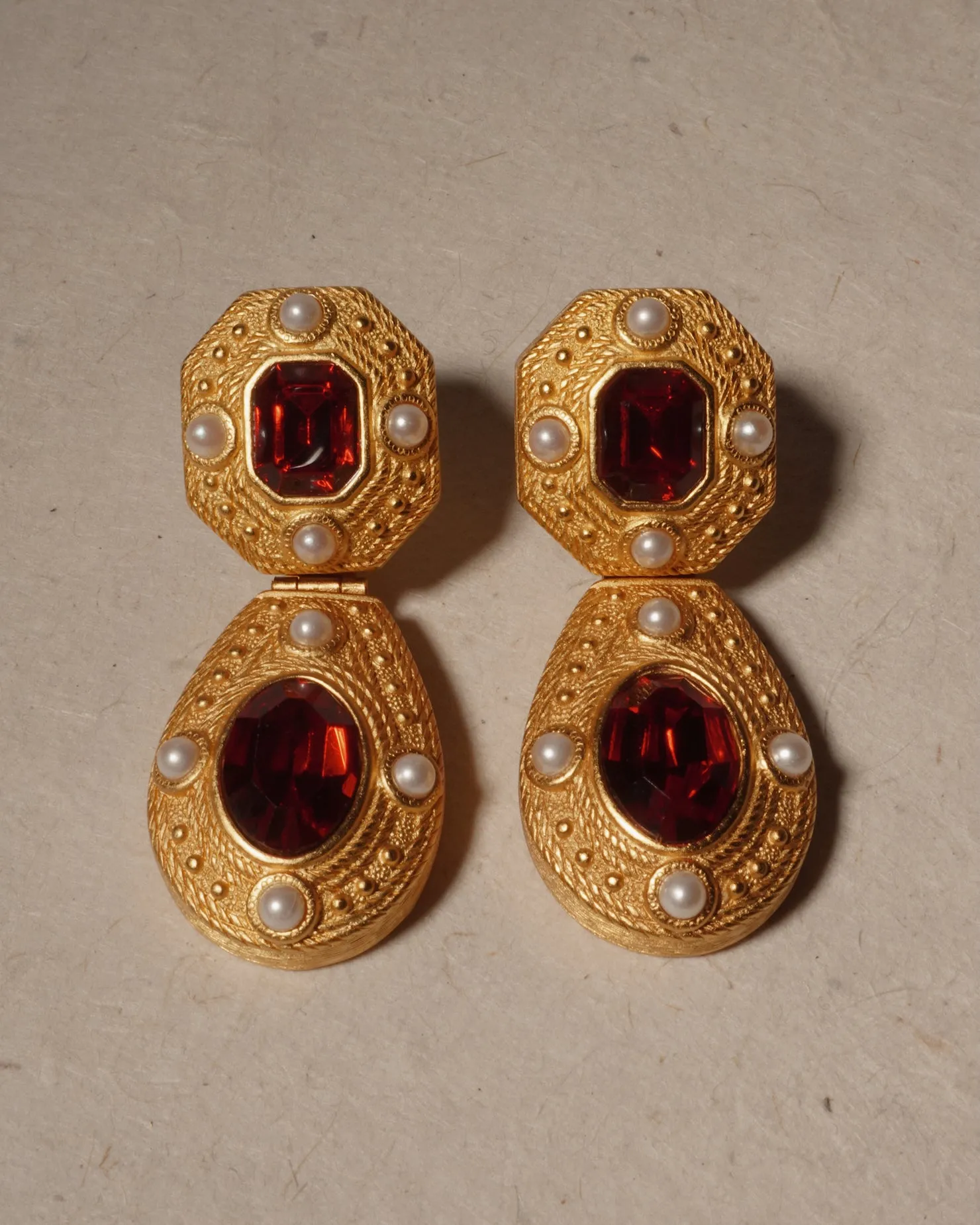 Vintage Matte Gold Ruby Clip Ons (Convertible)