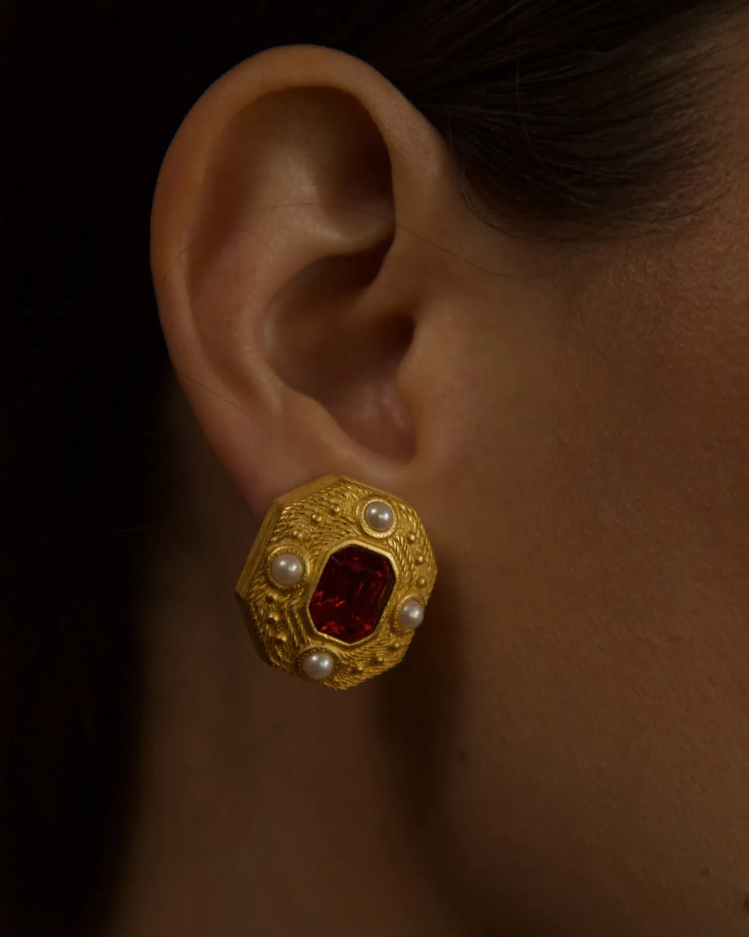 Vintage Matte Gold Ruby Clip Ons (Convertible)