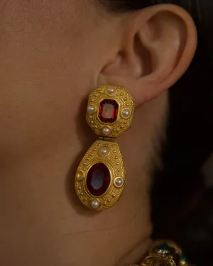 Vintage Matte Gold Ruby Clip Ons (Convertible)