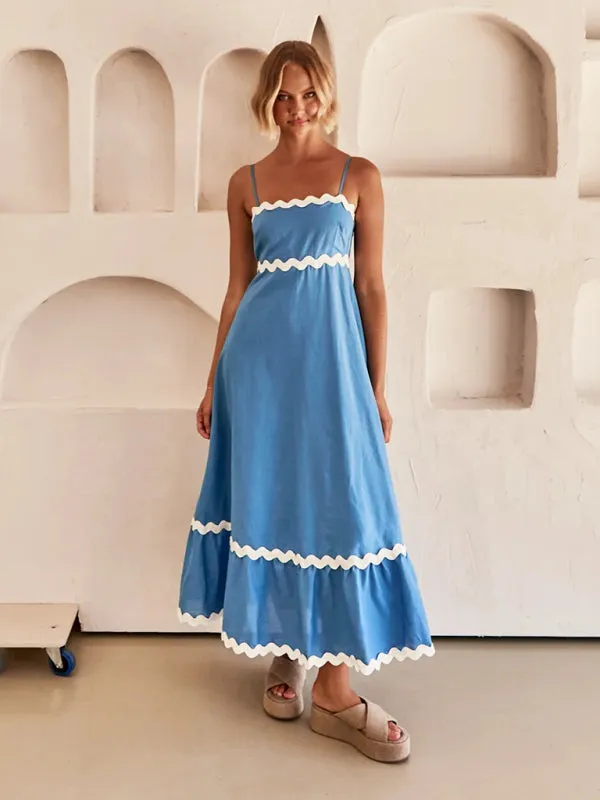 Wavy Trim Maxi Dress with Spaghetti Straps and A-line Silhouette