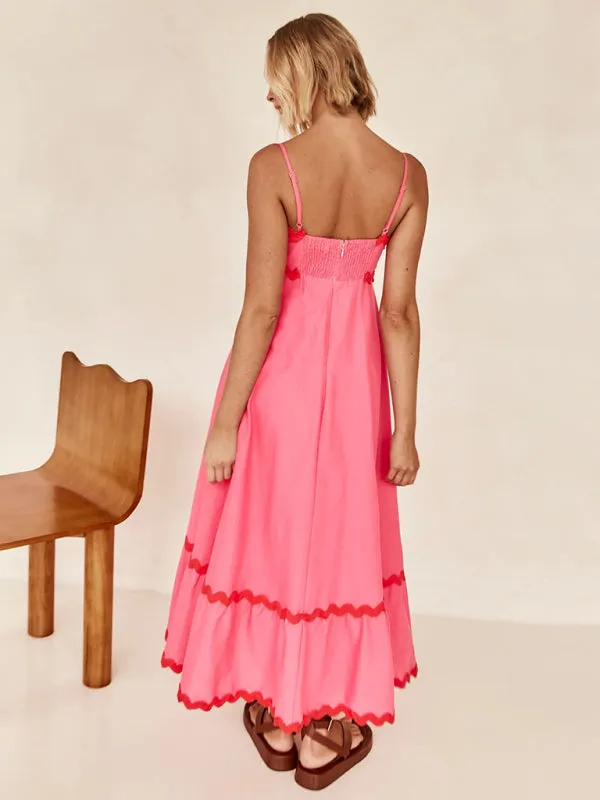 Wavy Trim Maxi Dress with Spaghetti Straps and A-line Silhouette