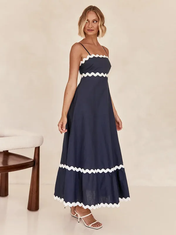 Wavy Trim Maxi Dress with Spaghetti Straps and A-line Silhouette