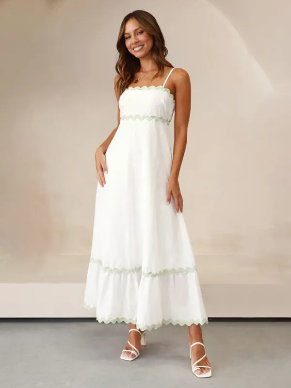 Wavy Trim Maxi Dress with Spaghetti Straps and A-line Silhouette