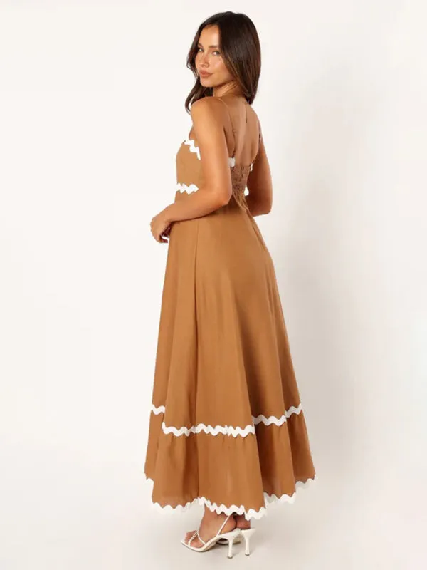 Wavy Trim Maxi Dress with Spaghetti Straps and A-line Silhouette
