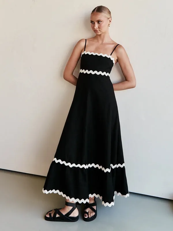 Wavy Trim Maxi Dress with Spaghetti Straps and A-line Silhouette