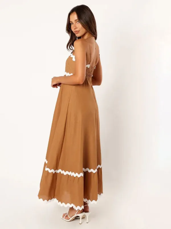 Wavy Trim Maxi Dress with Spaghetti Straps and A-line Silhouette