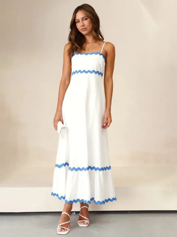 Wavy Trim Maxi Dress with Spaghetti Straps and A-line Silhouette