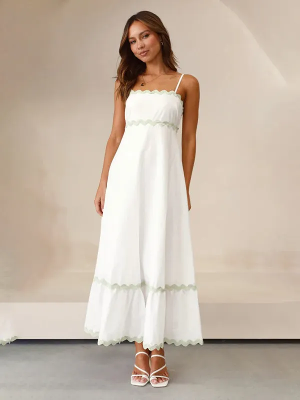 Wavy Trim Maxi Dress with Spaghetti Straps and A-line Silhouette